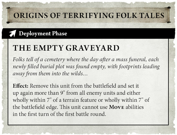 image Frontline Gaming UI card from a tabletop game: Origins of Terrifying Folk Tales, Deployment Phase, The Empty Graveyard. Text describes a cemetery plot and its effect: remove this unit from the battlefield and re-deploy more than 9 inches from all enemy units; cannot Move in the first turn.