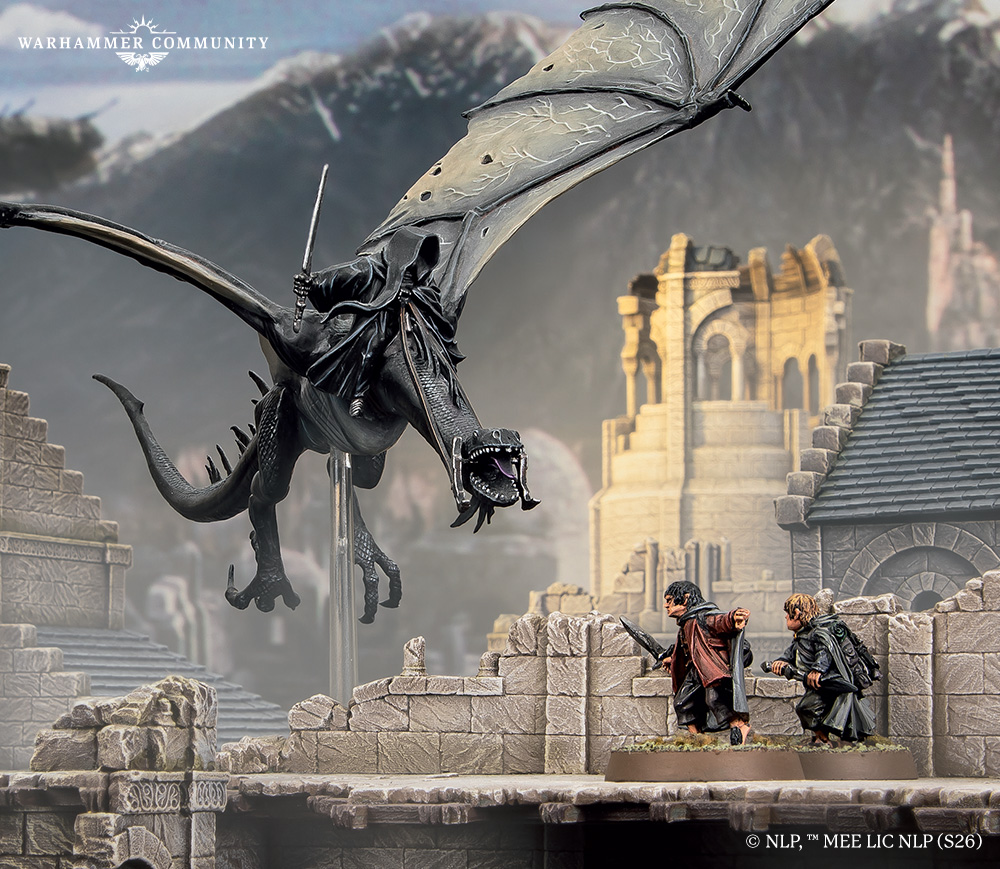 image Frontline Gaming A black dragon swoops over a crumbling stone bridge as two adventurers confront it with swords in a ruined fantasy city backdrop.