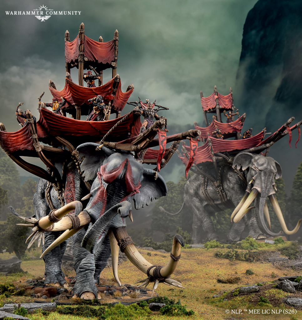 image Frontline Gaming Massive armored war elephants with red banners and riders on tiered howdahs storming a smoky battlefield.