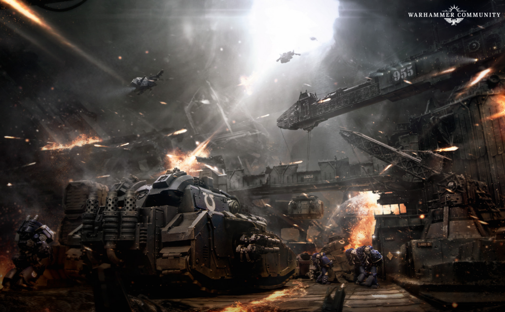 image Frontline Gaming Warhammer battle scene: heavy tanks advancing amid explosions, smoke, and falling debris; soldiers in the foreground.