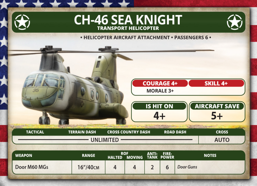 Card art of a CH-46 Sea Knight transport helicopter with game stats: Courage 4+, Skill 4+, Morale 3+, Is Hit On 4+, Aircraft Save 5+, weapon Door M60 MGs, range 16"/40cm, notes: Door Guns.