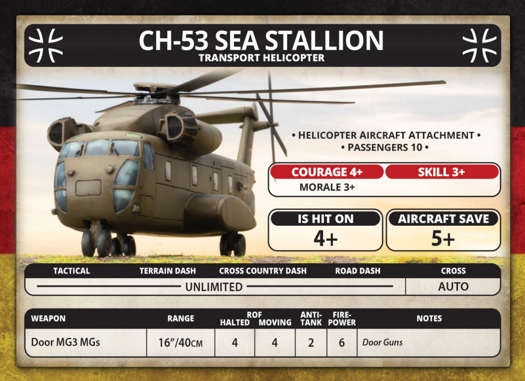CH-53 Sea Stallion transport helicopter card with helicopter image and game stats (passengers 10; courage 4+; skill 3+; is hit on 4+; aircraft save 5+).