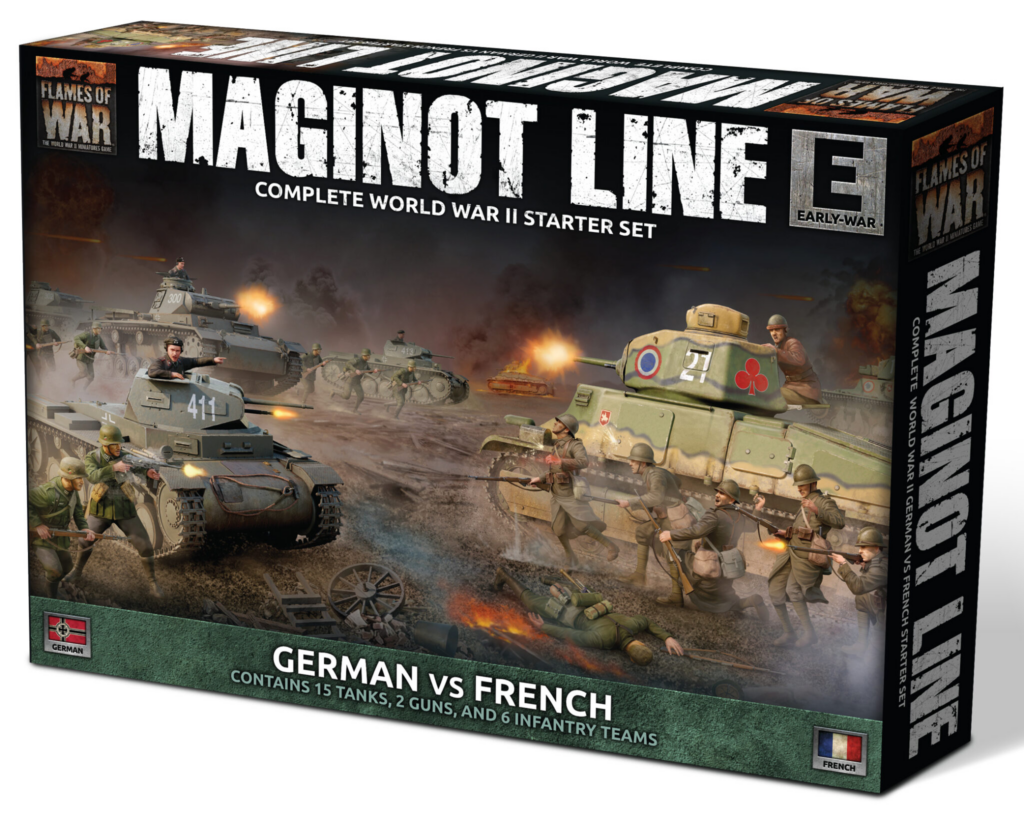 Box art for Flames of War starter set: German vs French, featuring tanks and soldiers in battle with explosions; notes 15 tanks, 2 guns, and 6 infantry teams on box front.