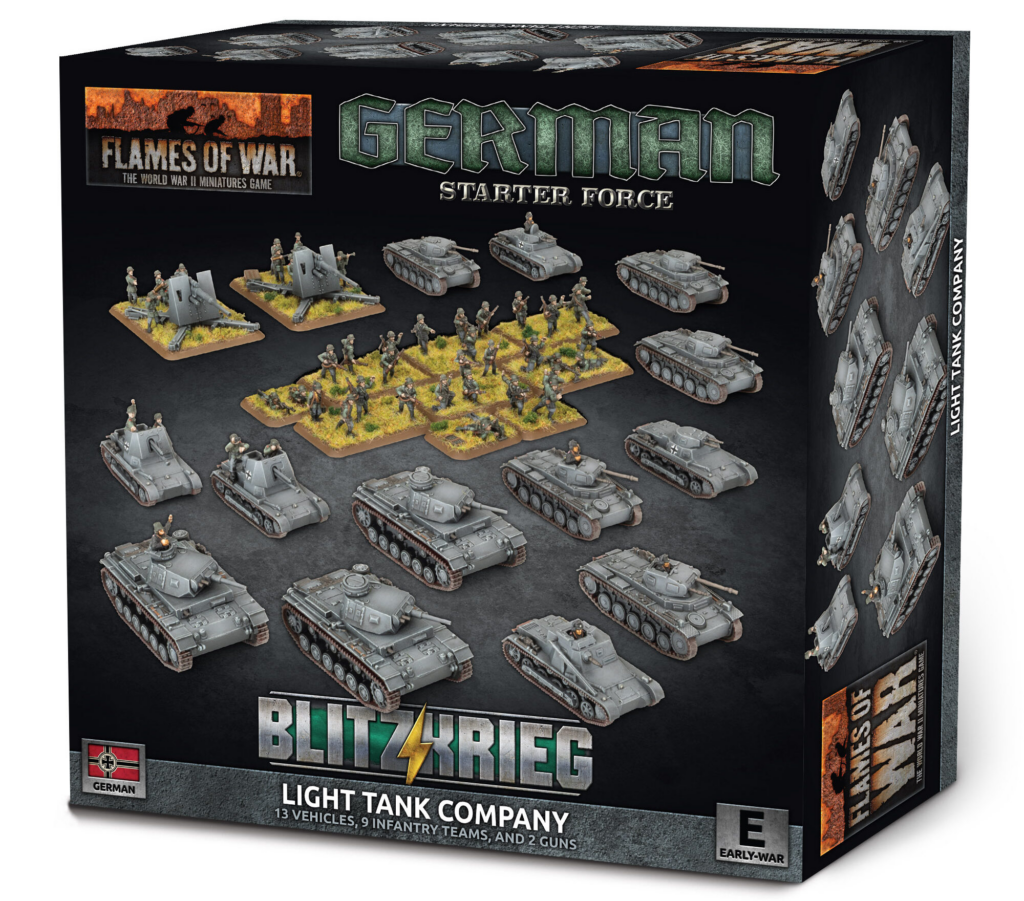 Front of a Flames of War game box: German Light Tank Company with tanks, infantry, and guns, 13 vehicles, 9 infantry teams, 2 guns.