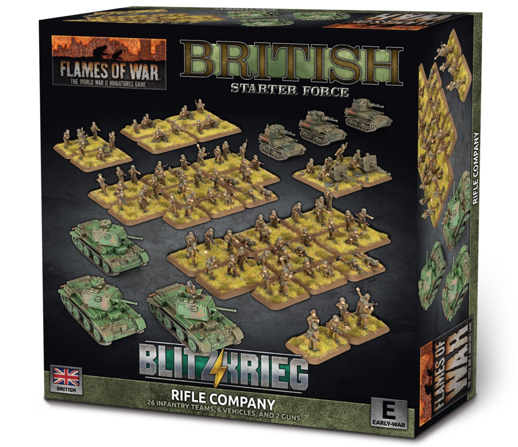 Box cover for Flames of War British Blitzkrieg Starter Force showing green British tanks and infantry miniatures on grassy bases set against a dark background