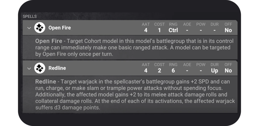 In-game spell list showing Open Fire and Redline cards with stats (AAT 4, COST 1, RNG Ctrl; AOE, POW, DUR blank or Up) and lore text descriptions for each spell.