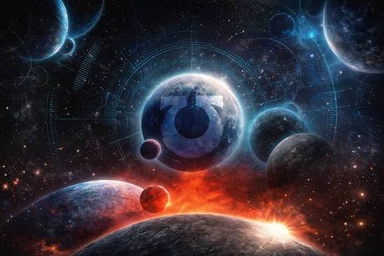 images Frontline Gaming Cosmic space scene with a large cratered foreground planet bathed in an orange glow and several distant planets including a blue one in the center