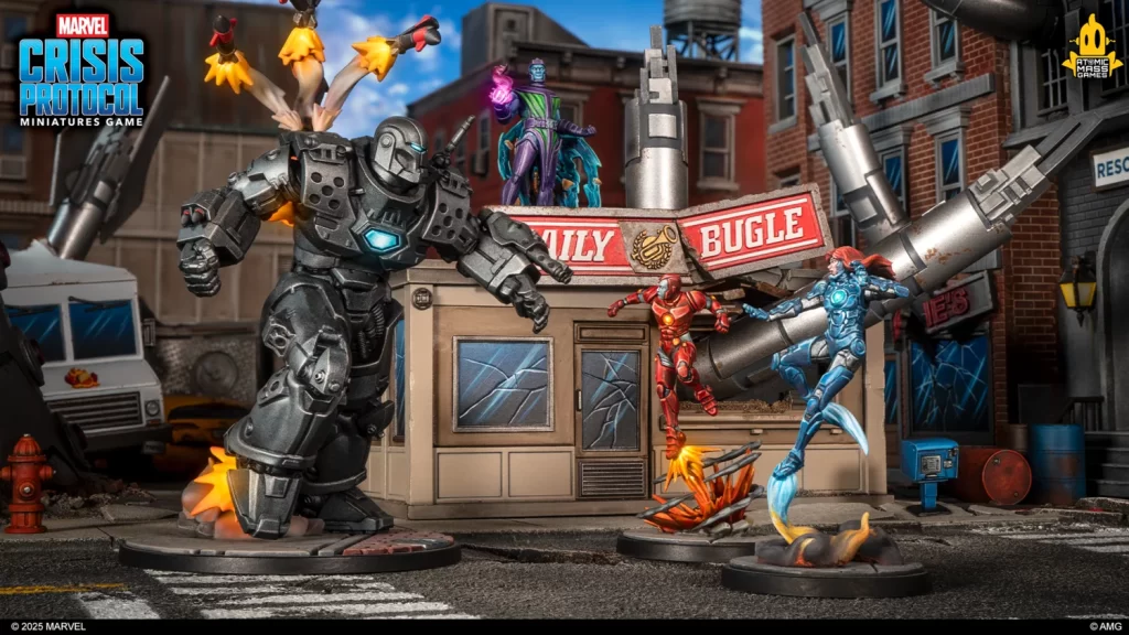 A Marvel Crisis Protocol scene with a giant armored robot fighting two costumed heroes amid a ruined city street and a Daily Bugle sign.