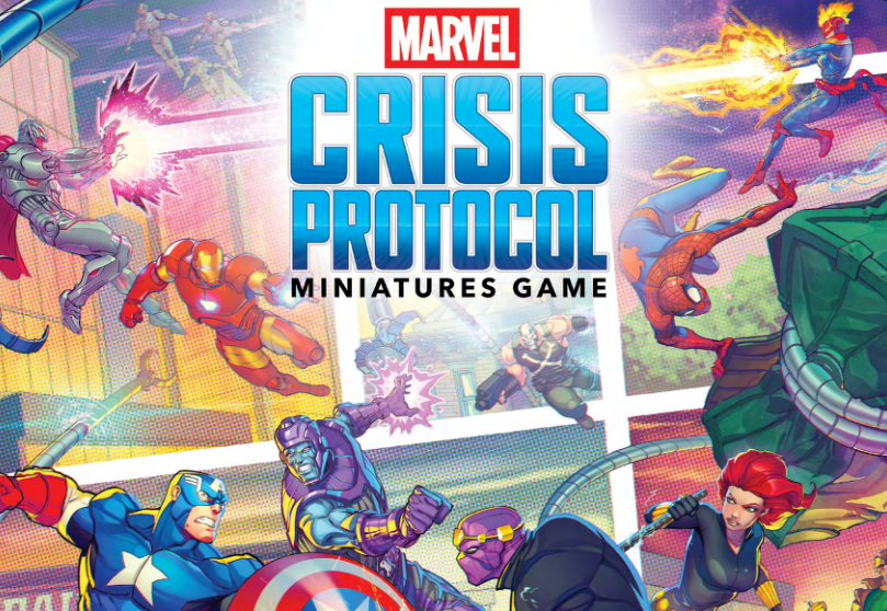 Marvel Crisis Protocol Miniatures Game cover with a dynamic, comic-style battle scene featuring Marvel heroes and villains in action across a colorful collage.