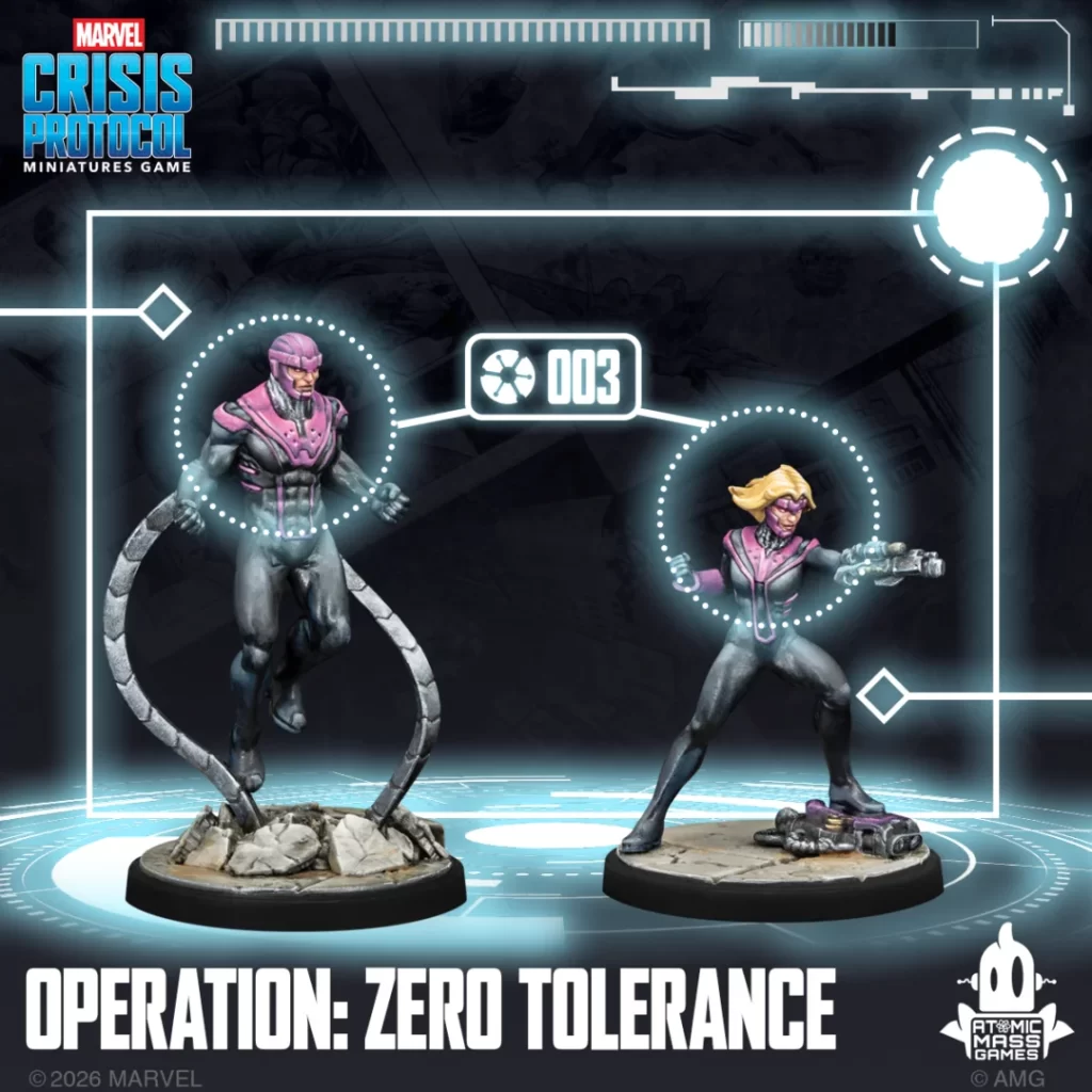 Two Marvel Crisis Protocol miniatures on circular bases stand in a neon holographic UI, with the title 'OPERATION: ZERO TOLERANCE' at the bottom.