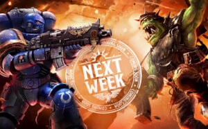 Blue armored space marine fires a heavy gun at a snarling green orc in a fiery battle with a circular Next Week seal in the center