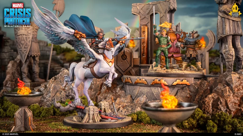 Tabletop miniature battle scene with a winged horse rider charging toward armored soldiers on a ruined fortress with flaming basins and rocky terrain