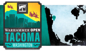 Poster for Warhammer Open Tacoma Washington featuring a teal skyline and bold TACOMA text with a location map pin