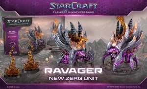 StarCraft tabletop miniatures box and two Ravager Zerg figures with purple gray armor on rocky terrain with orange flame bases and bold Ravager New Zerg Unit text in foreground
