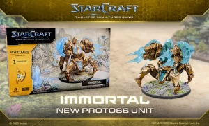 StarCraft tabletop minis box and Immortal Protoss unit on a gaming board with the logo above