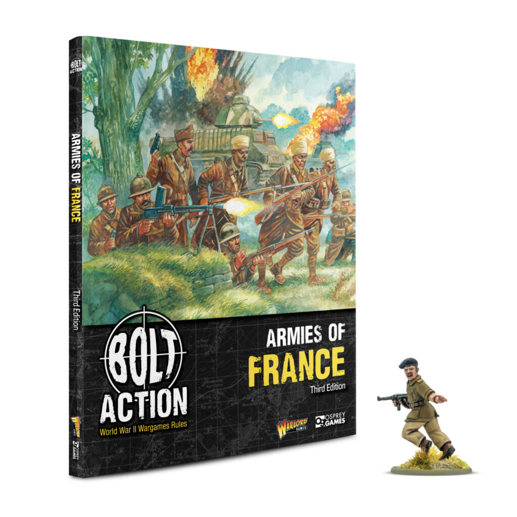 Boxed wargame titled Armes of France Armies of France Third Edition featuring WWII soldiers advancing with a tank and explosions in a woodland scene