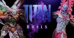 Promo poster with two armored fantasy warriors flanking a bold purple TITAN title and smoky background