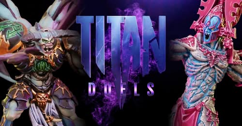 Promo poster with two armored fantasy warriors flanking a bold purple TITAN title and smoky background