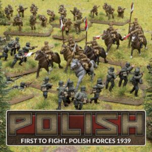 Group of toy soldiers advancing across a grassy diorama with mounted troops and flags a bold banner at the bottom reads FIRST TO FIGHT POLISH FORCES 1939