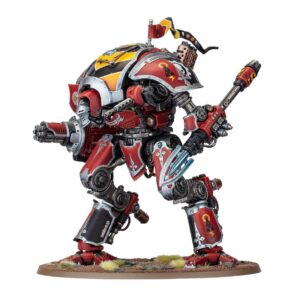 Red and yellow armored battle mech miniature posed with a double bladed axe standing on a textured grassy base