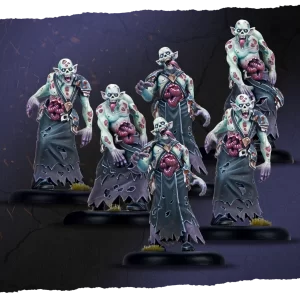 Six zombie like creatures in torn robes with exposed guts standing on round bases tabletop minis