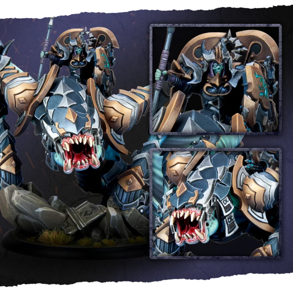 Armored dragon statue with blue gray and gold plates snarling with red mouth standing on rocky base inset panels show close ups
