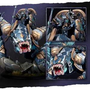 Armored dragon statue with blue gray and gold plates snarling with red mouth standing on rocky base inset panels show close ups