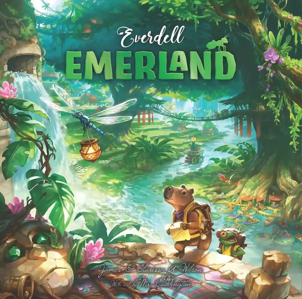 Fantasy forest themed cover with large bright green letters spelling Emerland set among lush vines trees and whimsical creatures in a vibrant jungle scene