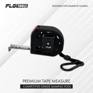 Premium tape measure by FLG Tools with black housing red latch extended metal blade and a hanging carabinergamers compact measuring tool