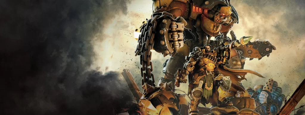 Armored warrior stands beside a towering yellow combat robot amid a smoky battlefield