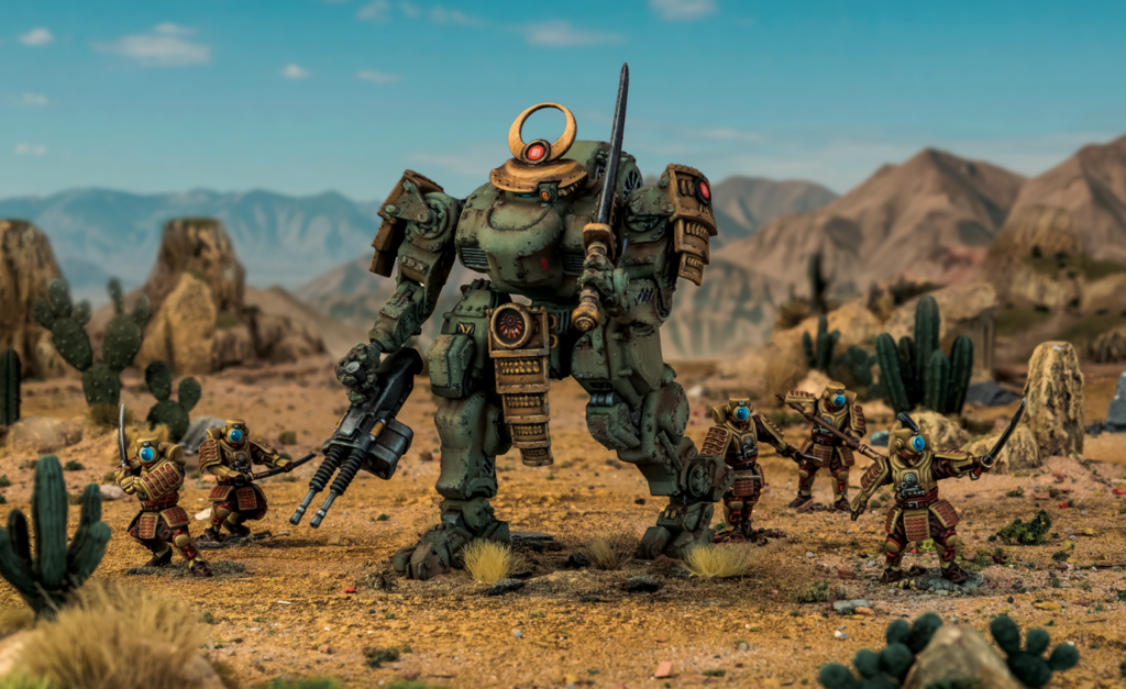 K47IAScenicp49a1536x941 Frontline Gaming Giant green battle mech with a sword stands in a desert flanked by small armored soldiers wielding swords and guns