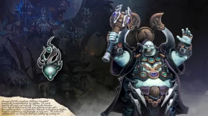 Dark fantasy banner featuring a large armored orcgiant boss raising a weapon with shadowy heroes in the background and a glowing emblem in the foreground