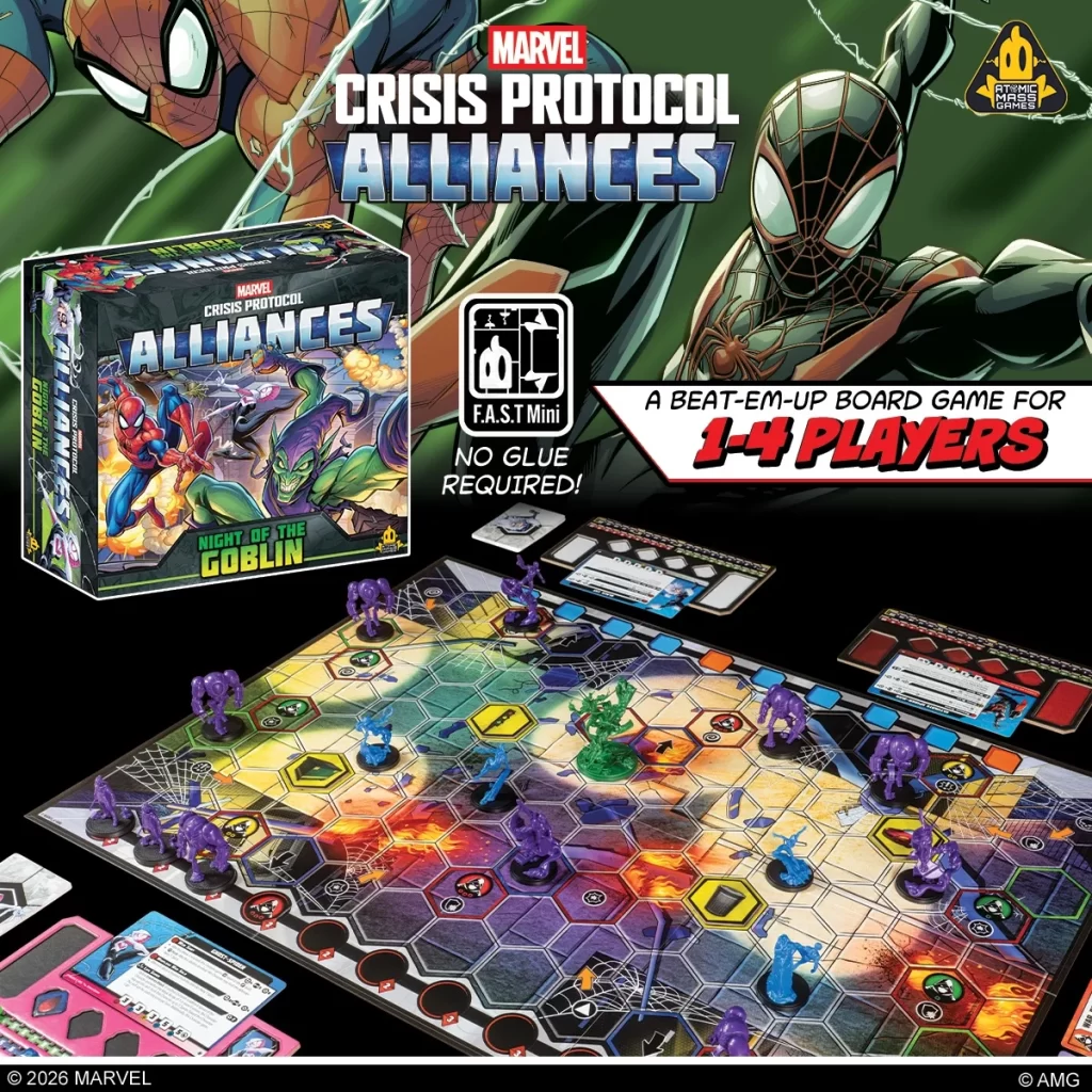 MCA01SMBoxSpill4 Frontline Gaming Box art for Marvel Crisis Protocol Alliances featuring Spider Man and other heroes above a colorful hex grid battle map with miniatures