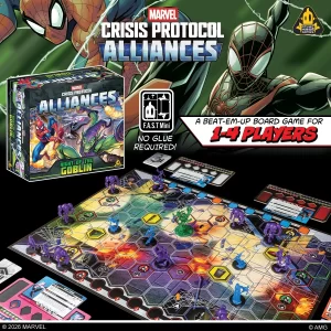 Box art for Marvel Crisis Protocol Alliances featuring Spider Man and other heroes above a colorful hex grid battle map with miniatures