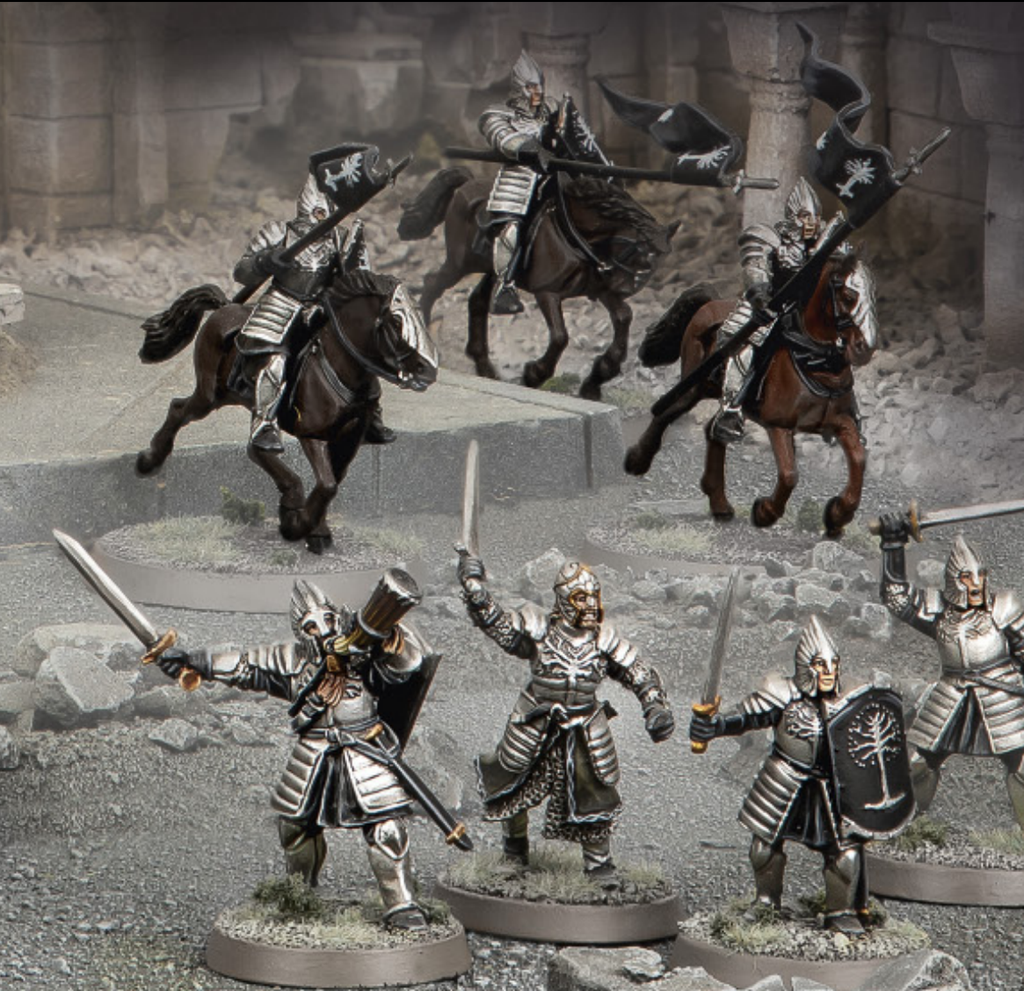 Silver armored knights clash in a ruined stone battlefield with armored riders charging on horses and foot soldiers advancing