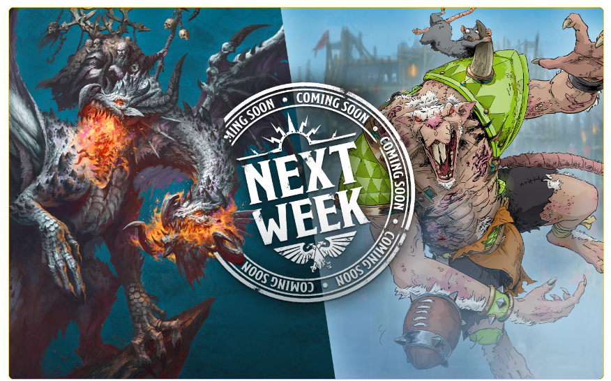 Screenshot 20260803 081323 Frontline Gaming Promotional fantasy banner showing a dragon breathing fire on the left and a muscular orc like warrior on the right with a circular NEXT WEEK badge in the center