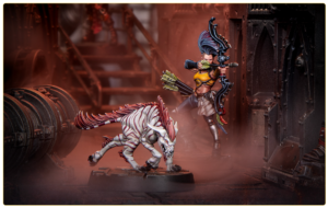 Blue haired female archer miniature aiming a bow at a striped horned beast in a smoky industrial diorama