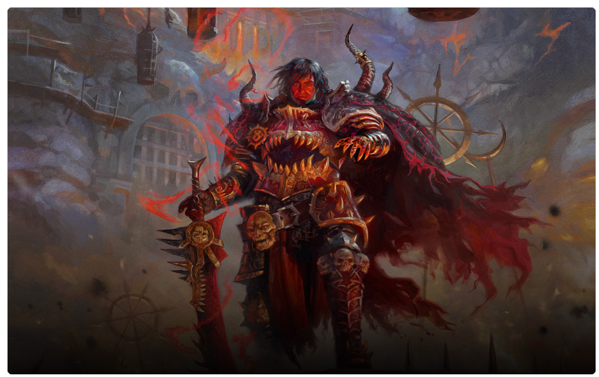 Fearsome armored demon lord with horned helm and red cape wielding a spiked sword adorned with skulls in a fiery battlefield
