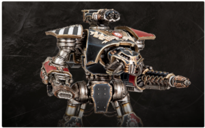 Large metallic battle mech with a multi barrel gun ornate armor and red accents against a dark backdrop