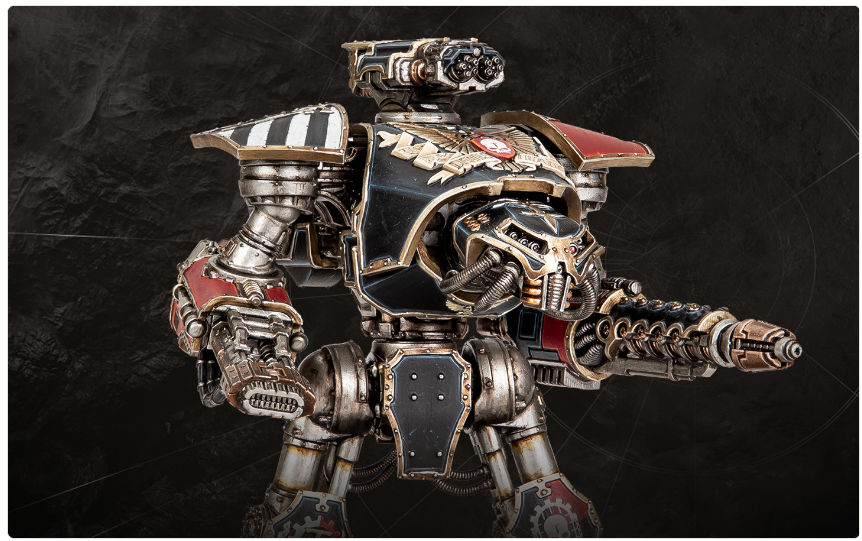 Large metallic battle mech with a multi barrel gun ornate armor and red accents against a dark backdrop