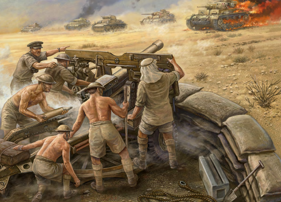 A group of soldiers manning a heavy anti tank gun in a desert battlefield as armored tanks approach in the background