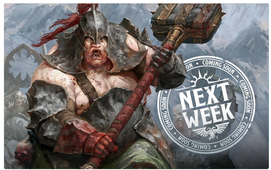 Screenshot 20260810 084806 Frontline Gaming Armored barbarian wielding a heavy hammer muscles bared with a bold Next Week coming soon badge on the right