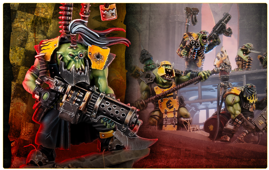 Green skinned orc in yellow armor wields a heavy perforated blaster on a gritty tabletop battleground with other orc soldiers in the background