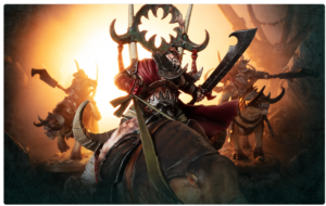 Armored warrior with a glowing helm riding a beast wielding a large sword in a fiery battle scene