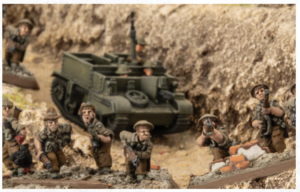 Toy military diorama with several camouflaged soldiers and a green armored vehicle in a dusty trench scene.