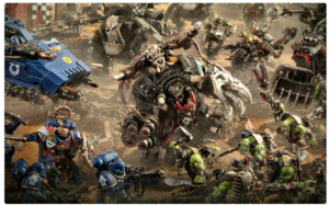 Chaotic scifi battle with orcs and Space Marines clashing among armored vehicles and rubble a large central war machine fires from multiple barrels
