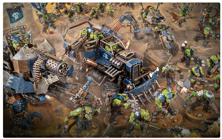Orc warriors swarm a blue armored battle wagon with heavy guns in a dusty battlefield scene