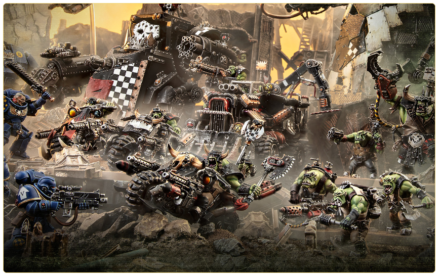 Chaotic tabletop battle scene with green orc miniatures clashing against armored troops amid rubble and dust in a war game diorama