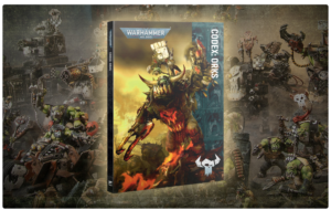 Front cover of the Warhammer 40,000 Codex: Orks box set, with a towering green ork creature amid a fiery battlefield and battle-worn background figures