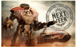 A large ornate battle robot wields a weapon beside a red tank like vehicle on a dusty battlefield with a Next Week stamp in the background indicating an upcoming release